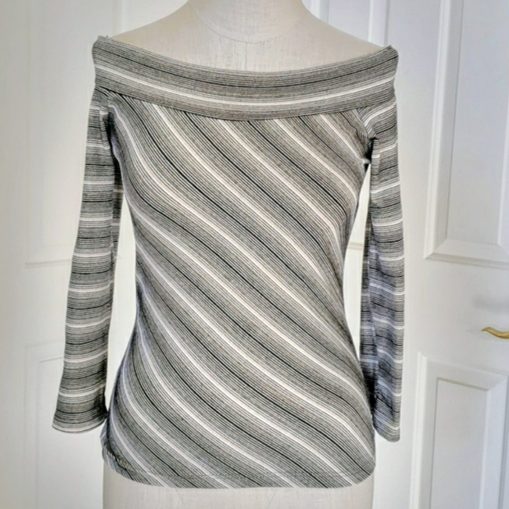 Vintage 90s Off Shoulder Metallic Stripe Top Black Gold Shimmer XS S - Picture 4 of 8